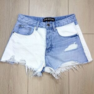 Blue Revival Organic Two Tone Distressed Denim Shorts Women Size 25 Raw Hem